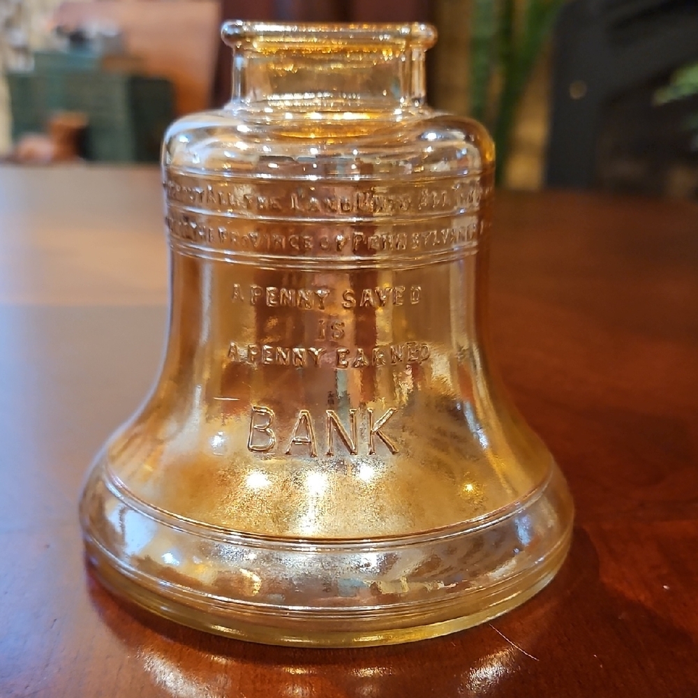 Vintage Marigold-Amber Glass Liberty Bell Coin Bank - Pass & Stow Philadelphia